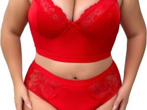 Women Plus Size 2 Piece Lingerie Set Floral Sexy Mesh Sheer V Neck 3/4 Cup Lace Outfits See Through Panty Bra