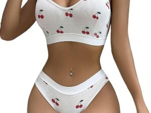 Women 2 Piece Ribbed Bra and Panty Sets Wireless Bralettes Thong Underwear