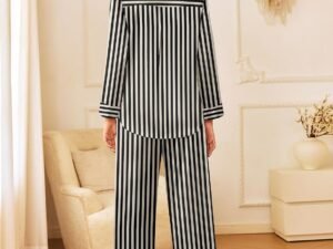 Pajama Set, Long-Sleeved Button-Up Top with Striped Pants